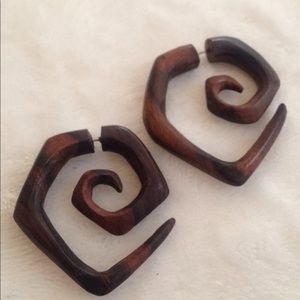 Carved wooden faux gauge earrings